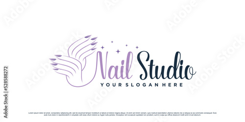 Nail polish studio logo design for beauty salon with woman hand and creative concept Premium Vector