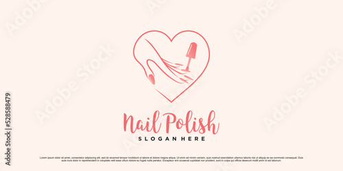 Nail polish studio logo design for manicure salon with love icon and creative element Premium Vector