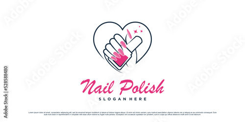 Nail polish studio logo design for manicure salon with love icon and creative element Premium Vector