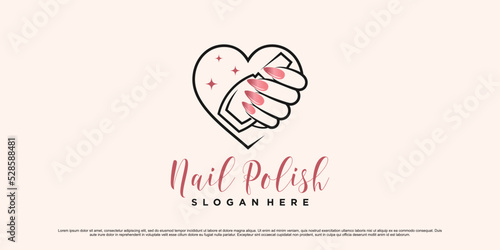 Nail polish studio logo design for manicure salon with love icon and creative element Premium Vector