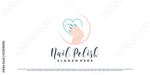 Nail polish studio logo design for manicure salon with love icon and creative element Premium Vector