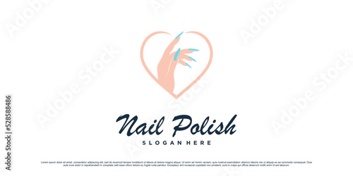 Nail polish studio logo design for manicure salon with love icon and creative element Premium Vector