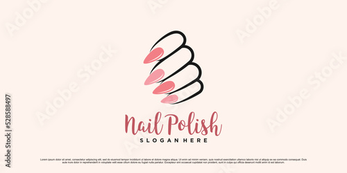 Nail polish and manicure logo design with woman hands icon and creative concept Premium Vector