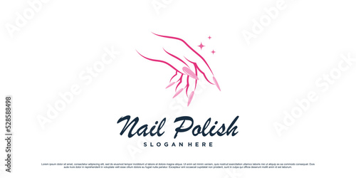 Nail polish and manicure logo design with woman hands icon and creative concept Premium Vector