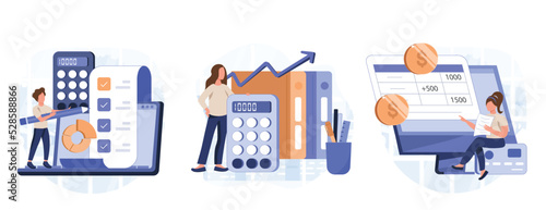 Budget bookkeeping illustration set. People doing paperwork. Characters accounting debit and credit, calculating bills and income taxes. Financial management concept. Vector illustration.