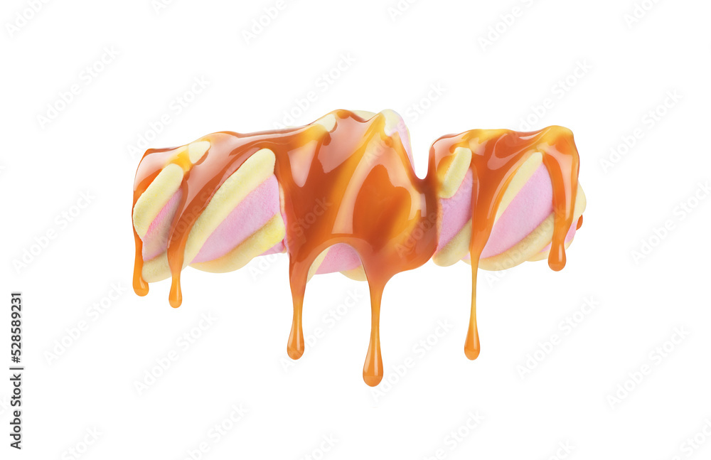 Naklejka premium 5 marshmallows sprinkled with caramel on a white background