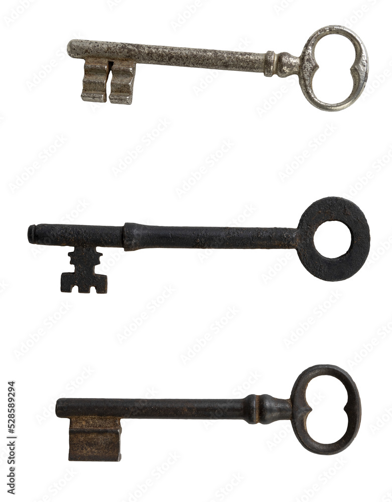 Three antique metal keys on a plain backdrop Three antique metal keys on a plain backdrop