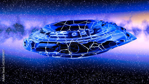 Fototapeta Naklejka Na Ścianę i Meble -  3d illustration of a UFO or alien spacecraft in flight in the cosmos.