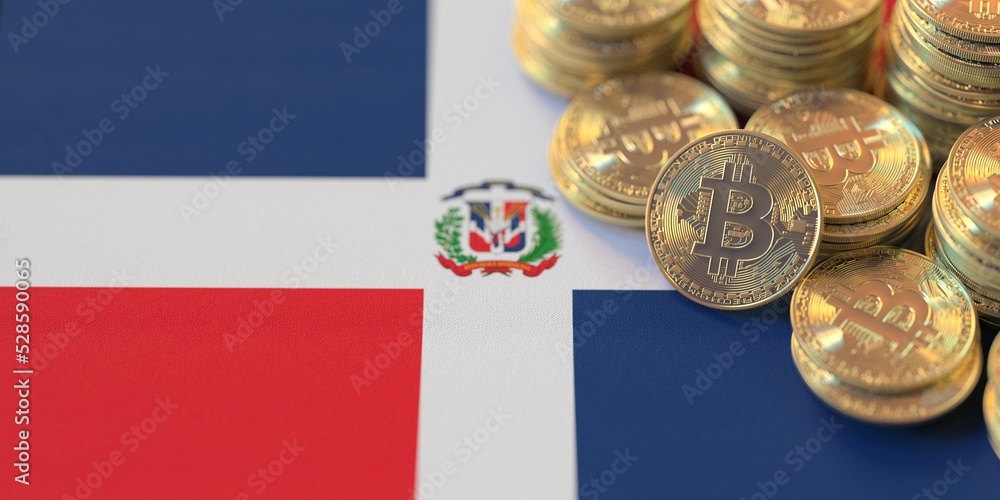 Pile of bitcoins and flag of the Dominican Republic. National