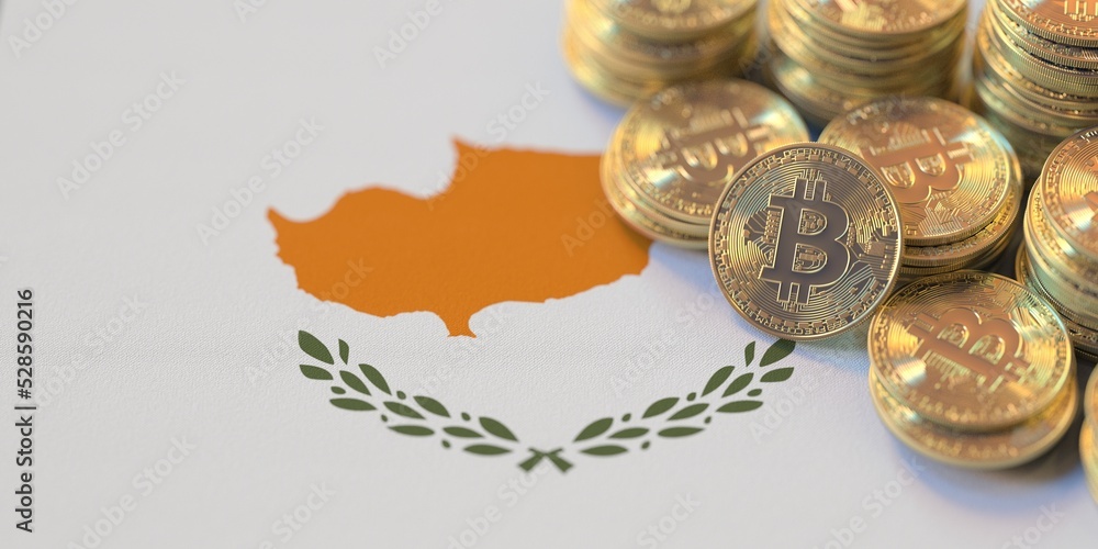 Many bitcoins and national flag of Cyprus, cryptocurrency laws related conceptual 3d rendering