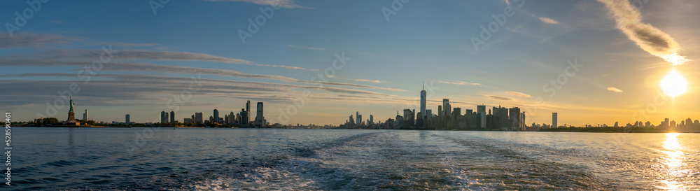 Panoramic View of Downtown Manhattan and New Jersey from the Ferry During Sunset