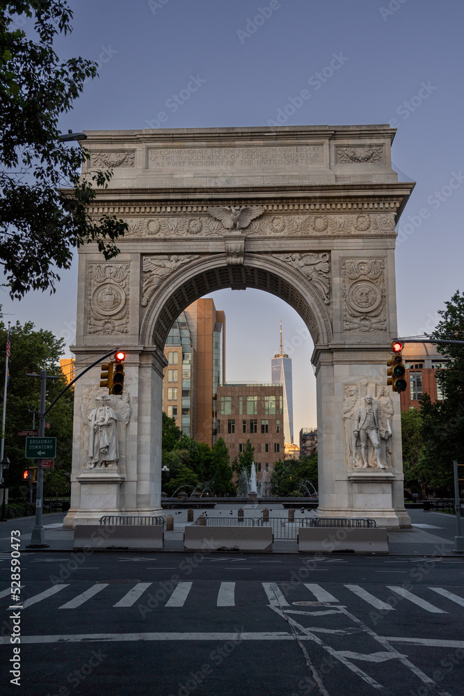 The  Washington Square Arch During Sunrise with One World Building in the Background