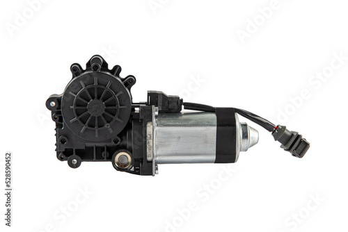 Motor, Door Window. Electric window mechanism motor for a car on a white isolated background. Automotive spare parts catalog.