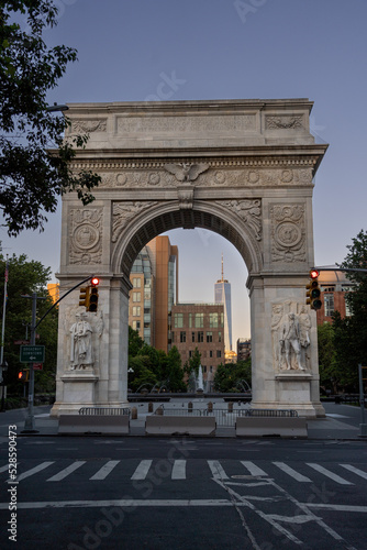 The  Washington Square Arch During Sunrise with One World Building in the Background