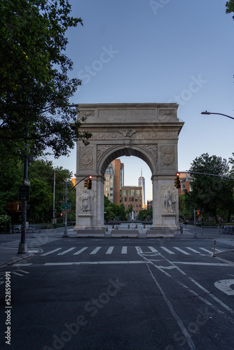View of the Washington Square Arch from 5th Avennue early in the morning photo