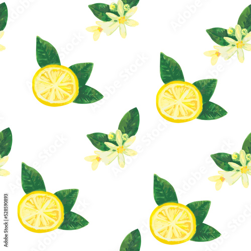 Seamless Lemon pattern with tropic fruits, leaves, flowers background. Hand drawn vector illustration in watercolor style for summer romantic cover, tropical wallpaper, vintage texture