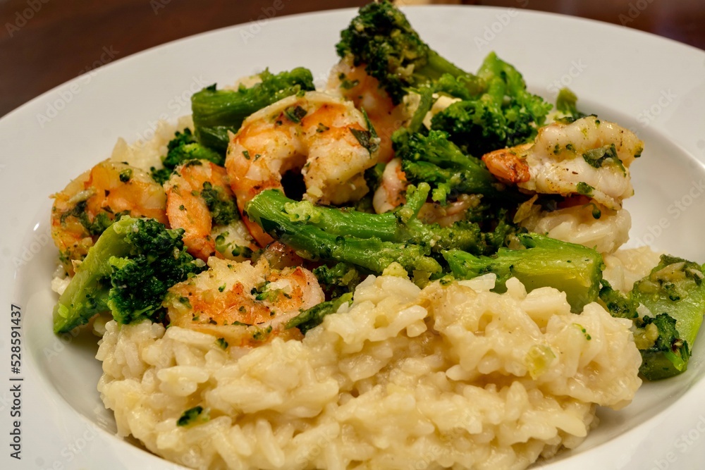 Fresh, Homemade Risotto served with Shrimp and Broccoli Fresh, Homemade Risotto served with Shrimp and Broccoli