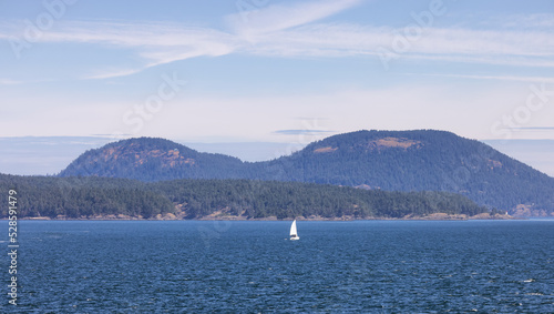 Sailboat in Canadian Landscape by the ocean and mountains. Summer Season. Gulf Islands near Vancouver Island, British Columbia, Canada. Canadian Landscape. © edb3_16