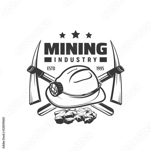 Coal mining industry icon. Fossil fuel mining vector vintage sign or coal industrial production retro symbol. Mining industry monochrome icon with miner hardhat, crossed pickaxes and chunks of coal
