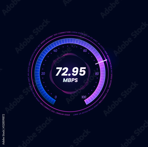 Internet speed meter futuristic dial, WI-FI signal strength neon indicator. Internet download or upload Mbps speed test, network bandwidth level digital vector display with violet gauge and arrow