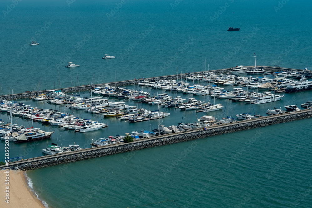 top view of yacht mooring with sea background