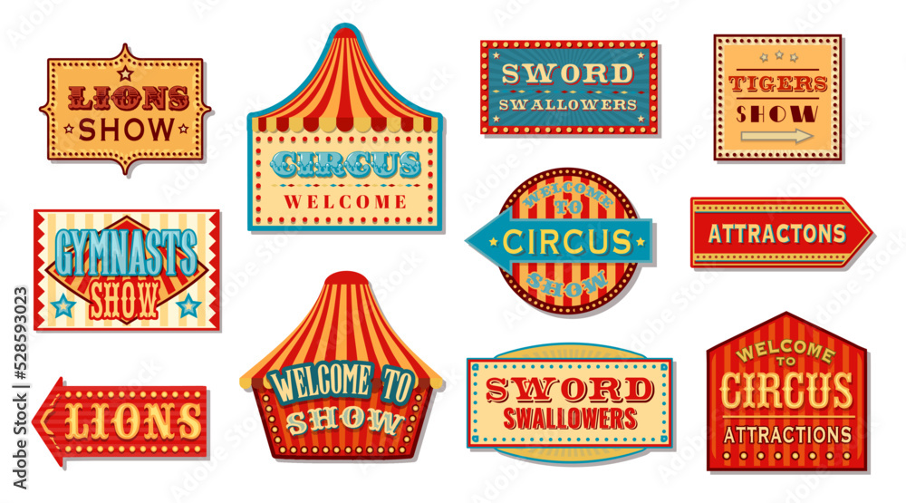 Circus signs and carnival signboards to show tickets booth, vector arrows. Funfair carnival direction banners and shapito fun fair attractions pointer signage or signboards with marquee and stars - obrazy, fototapety, plakaty 