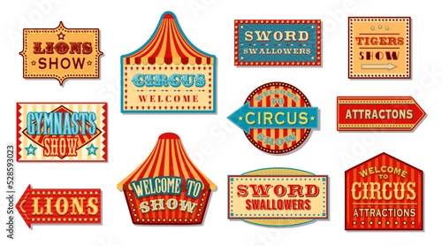 Foto Circus signs and carnival signboards to show tickets booth, vector arrows