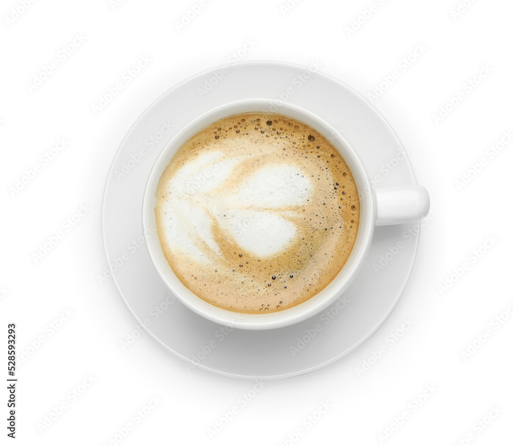 Cup of tasty coffee isolated on white, top view Cup of tasty coffee isolated on white, top view