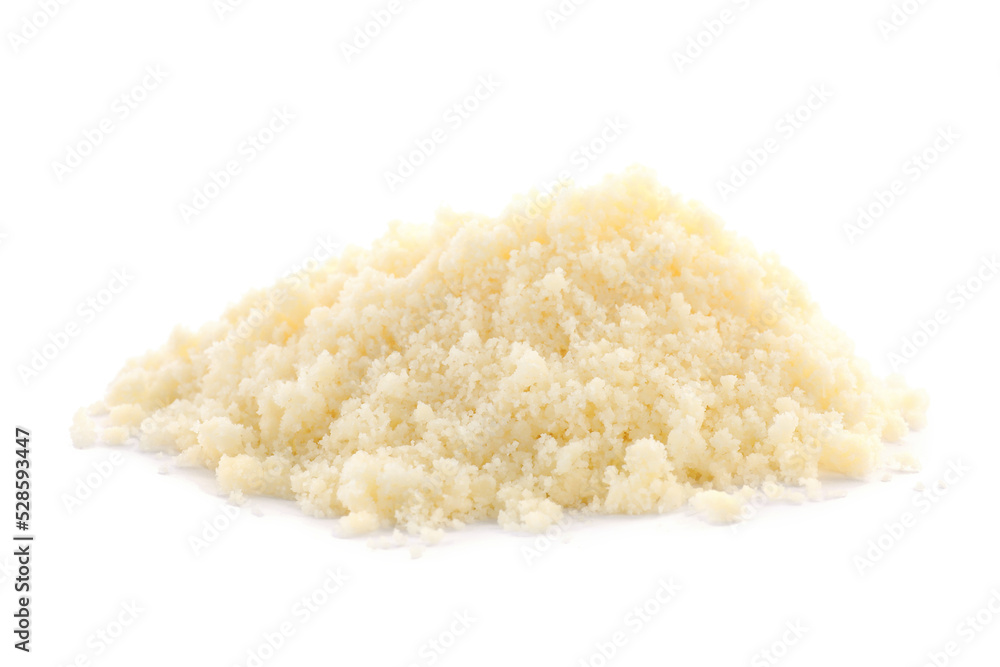 Pile of grated parmesan cheese isolated on white