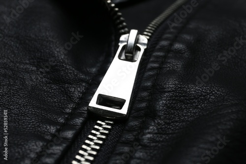 Closeup view of black leather jacket with zipper as background