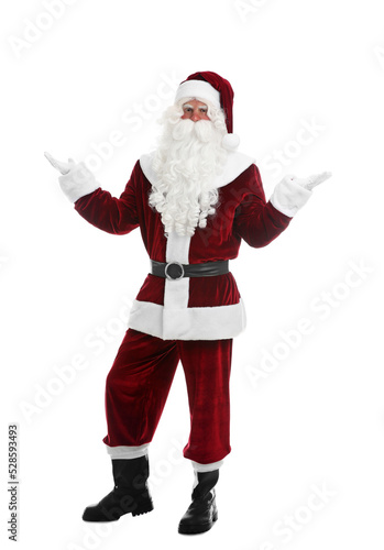 Full length portrait of Santa Claus on white background