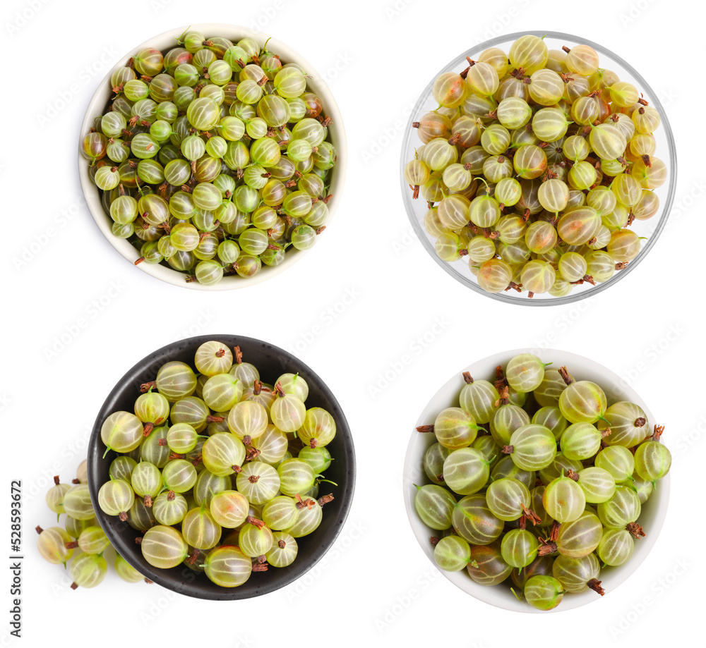 Set with bowls of fresh ripe gooseberries on white background, top view