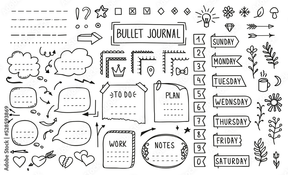 Bullet journal, doodle diary elements or page stickers and vector, agenda  bullet 