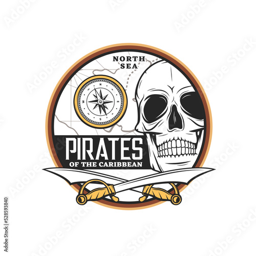 Pirate skull vector icon with Caribbean pirate skeleton, crossed swords and vintage compass on treasure map background. Corsair or filibuster weapons isolated round badge of piracy, pirate crew symbol