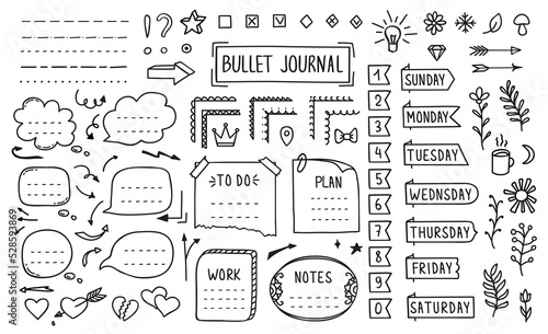 Bullet journal, doodle diary elements or page stickers and vector memo note reminders. Bullet journal or calendar notebook message banners for school planner or to do list and agenda labels in doodle