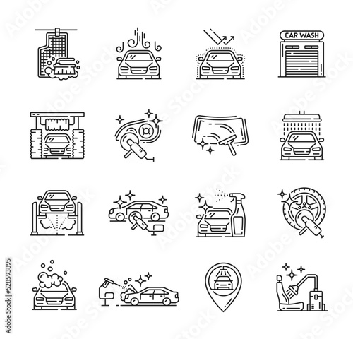 Car care icons, car wash service or wax polish, carwash vector outline symbols. Car care line icons of automobile varnishing, scratch restoration, vehicle refurbish and maintenance service