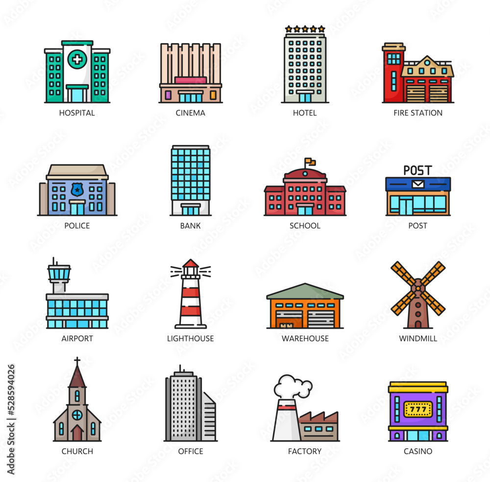 City buildings outline icons. Town commercial real estate, city official buildings, urban architecture vector icons. Factory, office and church, windmill, warehouse and airport, school, bank, police