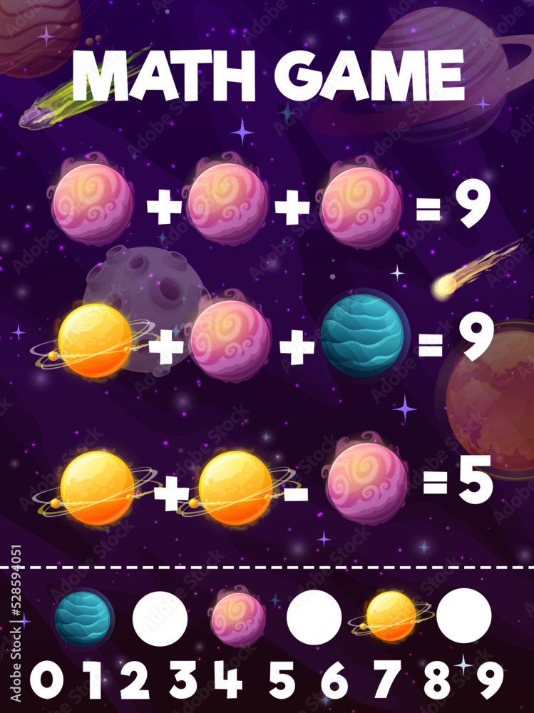 Math game worksheet. Cartoon galaxy space fantasy planets, stars and flying in galaxy comets. Kids math puzzle game, mathematical vector riddle with addition and subtraction task, fantastic planets