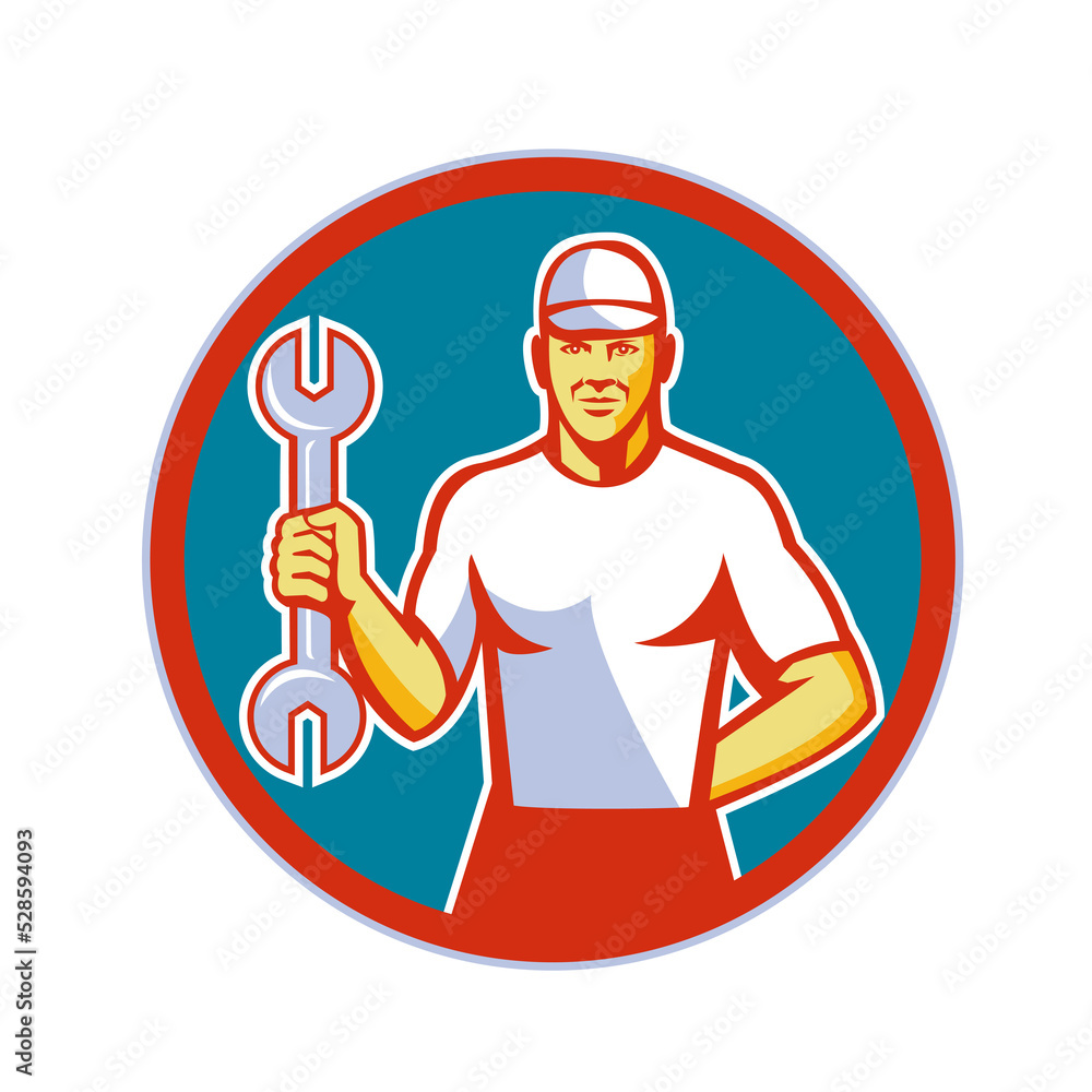 Mechanic Holding Wrench Circle Retro Mechanic Holding Wrench Circle Retro
