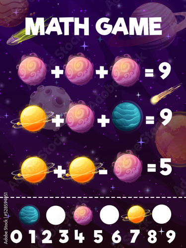 Math game worksheet. Cartoon galaxy space fantasy planets, stars and flying in galaxy comets. Kids math puzzle game, mathematical vector riddle with addition and subtraction task, fantastic planets