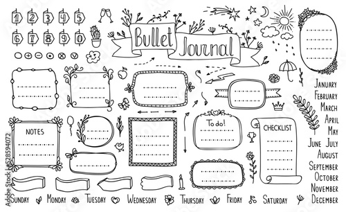 Bullet journal, doodle diary calendar elements, memo note reminders and vector page stickers. Journal bullet or calendar planner and notebook labels for to do list, agenda and doodle message memos