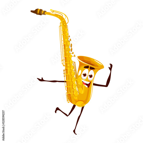 Cartoon dancing saxophone character. Funny sax musical wind instrument. Isolated vector brass pipe, cute personage with happy smile face for jazz concert, music school