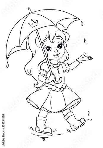 coloring book illustration with cute little princes happily walking in the rain holding umbrella