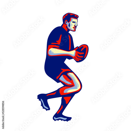 Rugby Player Running Passing Ball Retro