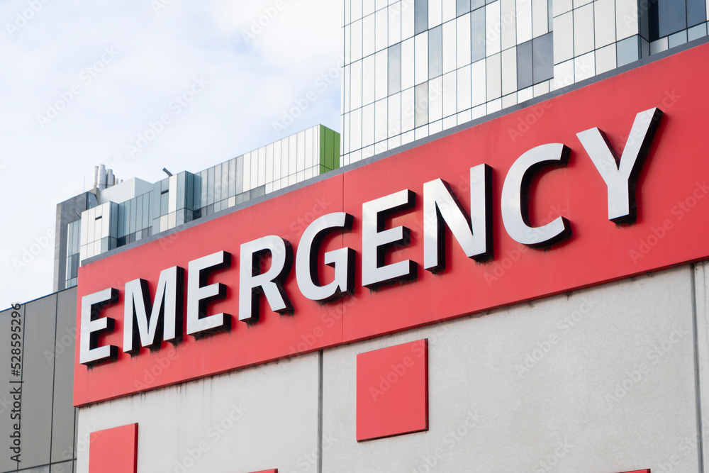 Emergency signage for and entrance to hospital emergency department