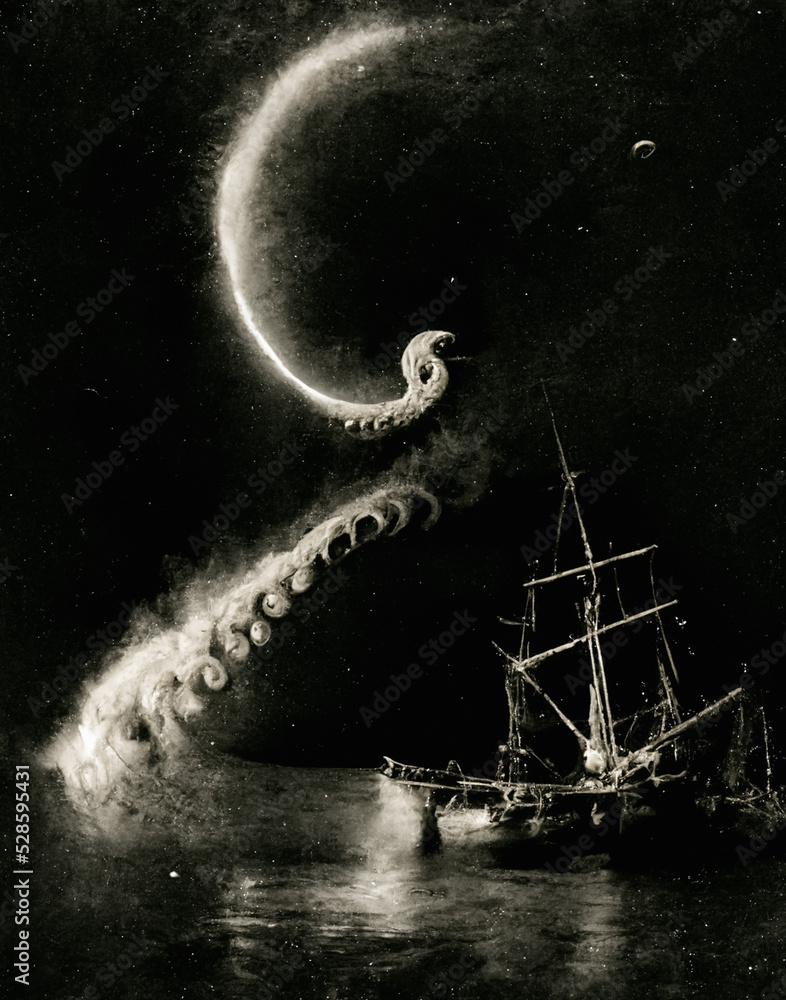 A Giant Kraken Squid Sea Monster attacks a ship at night, photomontage