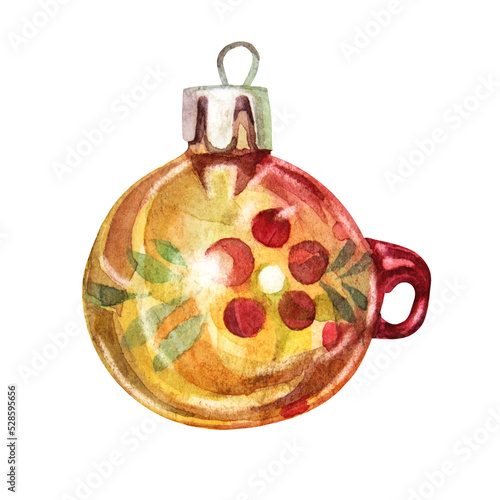 Watercolor hand-drawn golden and red shiny christmas decoration ball like cup isolated on white background. Creative toy clipart for new year party celebration  sticker wallpaper wrapping  sketchbook