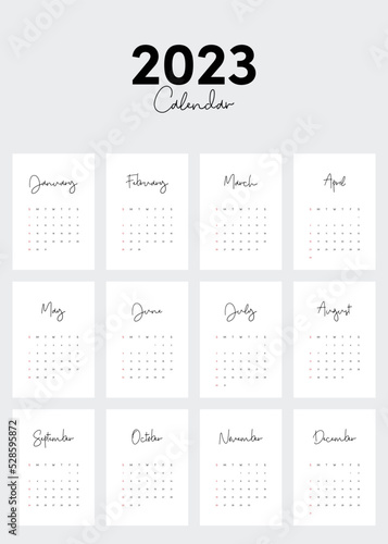 2023 printable monthly calendar template design  week starts on Sunday minimal style