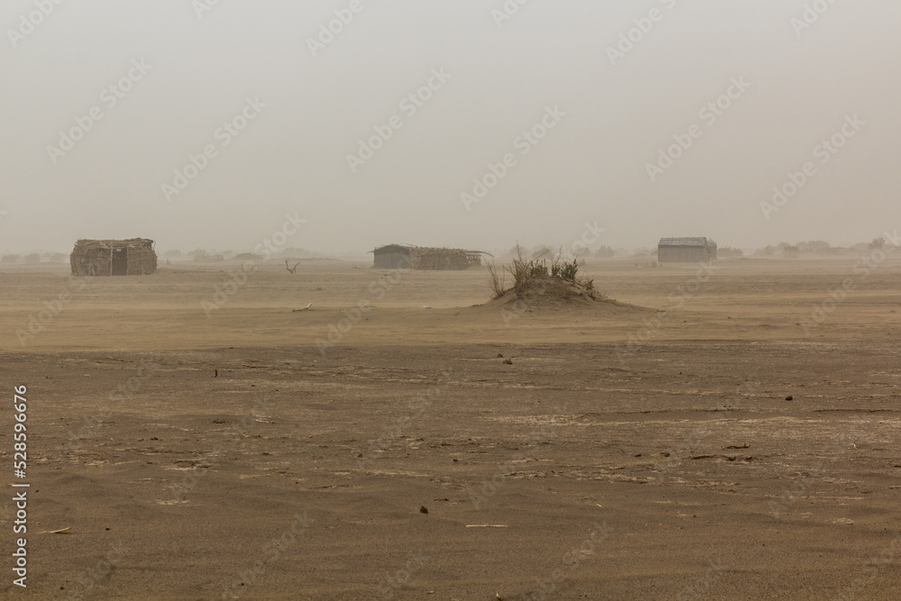 Afar village in Danakil depression during a sand storm, Ethiopia.