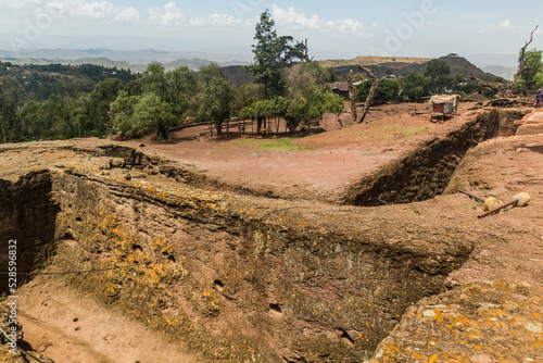 Landscape of rock-cut churches in Lalibela, Ethiopia